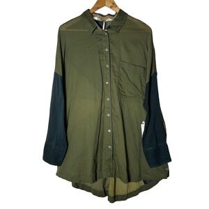 Free People‎ NWT Shirt M Army Green Patchwork Oversized Cotton Button Down